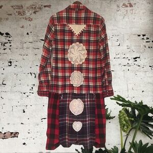 Upcycled plaid flannel doily patched tattered boho duster shirt